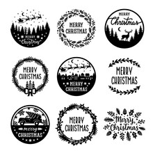 Merry Christmas Round Sign. Quotes Vector Collection. For A Postcard, Banner, Window, Wall Decor, Paper Cutting, Laser Cut, Printing On T-shirts, Pillows. Holidays Text. Isolated On White Background.