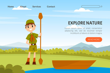 Sticker - Landing Page with Boy Scout Cartoon Character in Khaki Costume with Boat and Paddle Vector Illustration