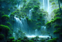 Fantasy Digital Illustration Of Ancient Secret Woods. Thick Green Vegetation With Streams Of Waterfalls Falling From Hills. Elven Woods With Lush Jungle Interior A Magical Landscape Wallpaper Artwork.