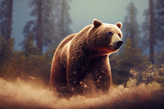 A grizzly brown bear in the natural environment of American forest and wildlife. Ursus arctos horribilis species. 3D illustration and rendering.