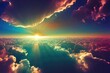 Amazing idyllic background - way to heaven and eternal life, bright light from skies, glowing horizon, pink clouds. Generative AI