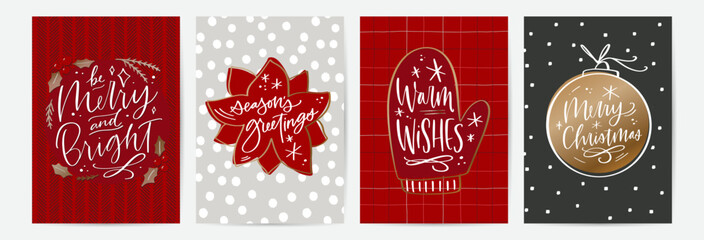 Wall Mural - Christmas card set with calligraphy phrases and red, white, grey and black patterned backgrounds and gold decorations. Traditional colors design with Merry Christmas, warm wishes, seasons's greetings 