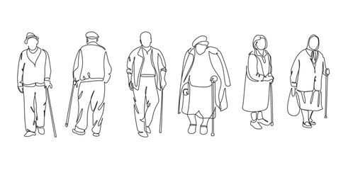 Poster - Elderly overweight man and woman with stick. Continuous one line drawing. Vector illustration. Continuous one line drawing of full length profile of a drandmother or grandfather. Grandparents line art
