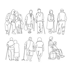 Canvas Print - Elderly couple in continuous line art drawing style. Senior man and woman walking together holding hands. Minimalist black linear sketch isolated on white background. Vector illustration