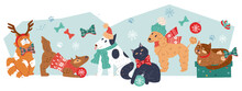 Christmas Background With Cute Animals Characters, Flat Cartoon Vector Illustration Isolated On White. Christmas And New Year Banner Or Greeting Poster Template With Cats And Dogs.