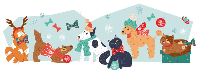 Christmas background with cute animals characters, flat cartoon vector illustration isolated on white. Christmas and New Year banner or greeting poster template with cats and dogs.