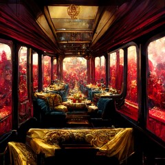 A beautiful train interior, inspired by orient expression, luxury, beautiful leather sofa and chairs, ornaments and decorations. 
Painting, concept art, illustration, wallpaper