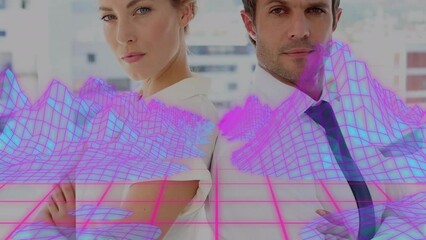 Poster - Animation of metaverse landscape over self confident caucasian businesspeople