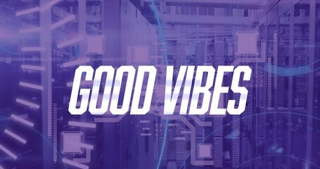 Poster - Animation of good vibes text and data processing over server room