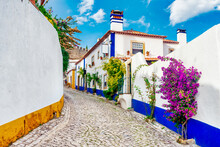 Typical Street Of The Medieval Village Of Óbidos In Portugal .