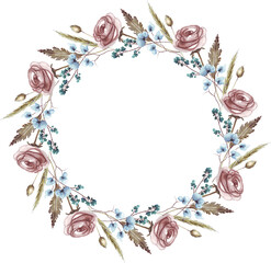 Wall Mural - Roses and herbs wreath. Watercolor illustration