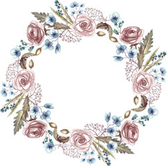 Wall Mural - Roses and herbs wreath. Watercolor illustration