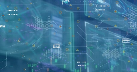 Poster - Animation of digital interface and data processing over blue background