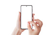 Phone mockup with woman pinch for zoom hand. Transparent, PNG isolated