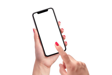 Poster - Phone mockup in woman hands. Isolated screen and background. PNG transparent