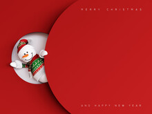 Snowman In Christmas Sweater And Hat With Empty Mockup Space And Merry Christmas Text On Vibrant Red Background. 3D Rendering, 3D Illustration