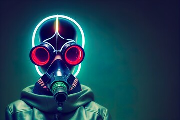 Fashion cyberpunk girl in leather hoodie jacket wears gas mask with protective glasses, filters. Digital illustration