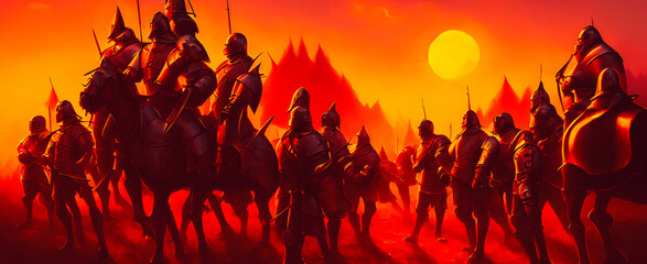 Artistic concept painting of a medieval army on the battlefield , background illustration.