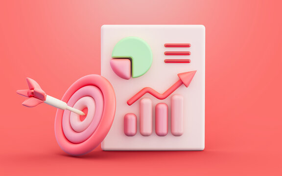 business pie line chart bar bullseye arrow sign 3d render concept for financial target report 