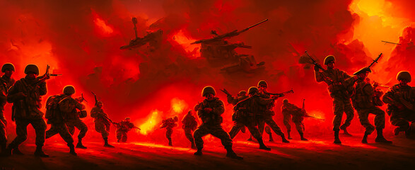 Wall Mural - Artistic concept painting of a soldiers on battlefield, background illustration.