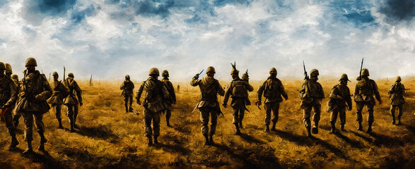 Wall Mural - Artistic concept painting of a soldiers on battlefield, background illustration.