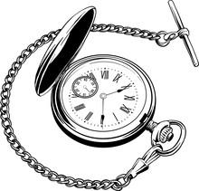 PNG Engraved Style Illustration For Posters, Decoration And Print. Hand Drawn Sketch Of Pocket Watch In Black Isolated On White Background. Detailed Vintage Etching Style Drawing.	
