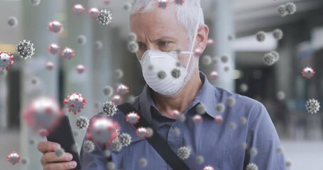 Poster - Animation of virus cells over senior caucasian man wearing face mask