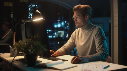 Poster - Handsome Man Working on Desktop Computer in a Company Office at Night. Young Specialist Analyzing Reports. Marketing Assistant Developing a Consumer Sales Strategy for a Client.