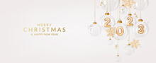 Christmas And New Year 2023 Greeting Card With Balls, Numbers, Ribbons And Snowflakes.
