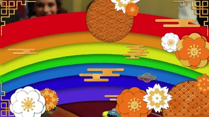 Poster - Animation of rainbow and flowers over caucasian friends smiling