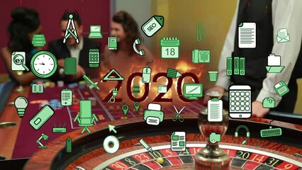 Poster - Animation of business icons and 2020 text over caucasian people in casino