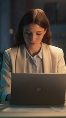 Poster - Vertical Screen: Female Working on Laptop Computer in a Company Office in the Evening. Young Manager Browsing Internet, Shopping Online and Reading Social Media Posts from Friends and Colleagues.