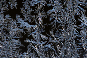 Poster - An abstract photo of a pattern of frost on a piece of glass. The macro is a black and white textured frosty crystal snowflake. The unique patterns of silver ice crystals frosted the clear glass