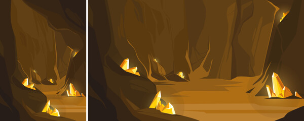 Wall Mural - Cave with orange crystals. Underground location in different formats.