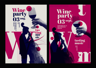 Wall Mural - Hands holding glass of wine and silhouette of musician playing contrabass. Retro style, halftone effect. Template for event poster, magazine, cover or promotion. Vector