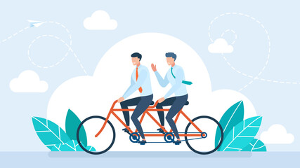 Two businessman riding tandem bicycle to goal. Teamwork concept. Two joyful men riding tandem bicycle flat vector. Happy friends spends time together and travel on bike. Flat Illustration