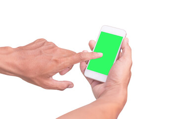 Hand shows mobile smartphone with green screen in vertical position isolated