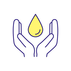 Sticker - Cleansing oil RGB color icon. Yellow drop in hands. Extraction from plant materials. Essential natural oils. Isolated raster illustration. Simple filled line drawing