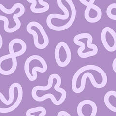 Wall Mural - Abstract monochrome seamless pattern with purple doodle shapes in style 60s, 70s. Trendy vector illustration.