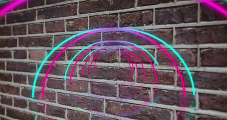 Poster - Composite of illuminated digital arches forming tunnel against brick wall, copy space