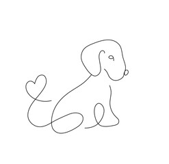 Wall Mural - Vector isolated one single line sitting puppy dog side view with heart tail colorless black and white contour line easy drawing