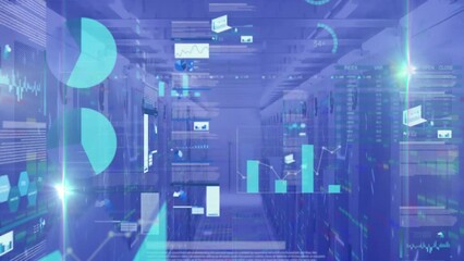 Poster - Animation of light spots and screens with data processing against computer server room