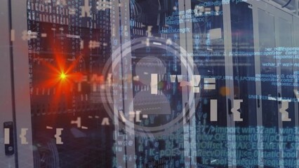 Poster - Animation of orange light spot over profile icons and data processing against computer server