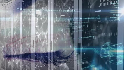 Poster - Animation of data processing over close of female eye against computer servers