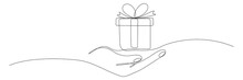 Human Hand Holding Gift Box Continuous Line. One Line Art Drawn Surprise. Birthday Symbol. Vector Isolated On White.