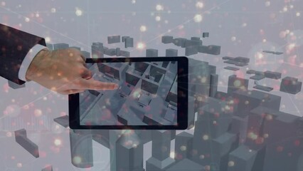 Poster - Animation of light sparks over mid section of hand touching a digital tablet against 3d city model