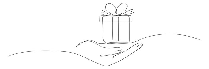 human hand holding gift box continuous line. one line art drawn surprise. birthday symbol. vector is