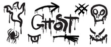 Set Of Graffiti Spray Pattern. Collection Of Halloween Symbols, Ghost, Spider, Broom, Skull With Spray Texture. Elements On White Background For Sticker, Banner, Decoration, Street Art, Halloween