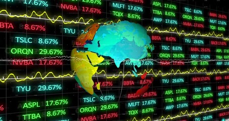 Poster - Animation of spinning globe over stock market data processing against black background