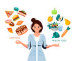 © lovaisme - A young woman chooses between healthy and unhealthy food, fast food and a balanced menu. Vector illustration in cartoon style